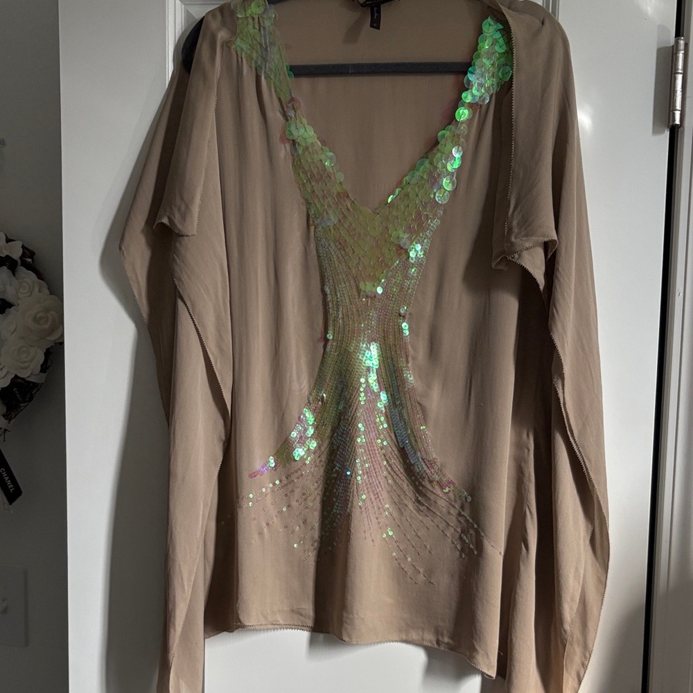 BCBGMaxAzria Beige Blouse with Iridescent Sequin Design